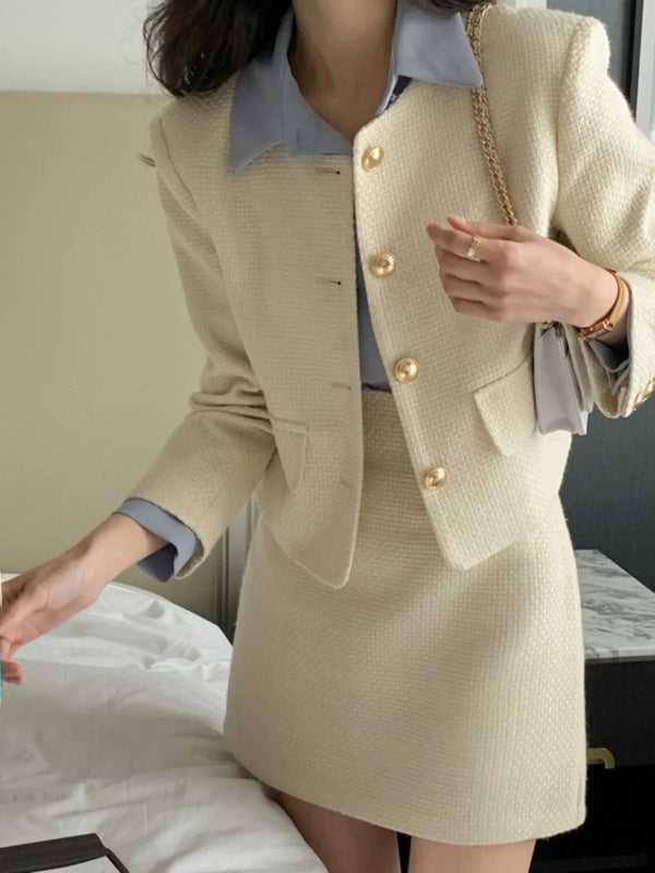 Korean Tailored Coat & Skirt Set – Sleek Round Neck Two - Piece Suit 2025 - VeauBeauty