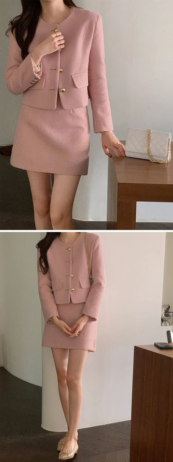 Korean Tailored Coat & Skirt Set – Sleek Round Neck Two - Piece Suit 2025 - VeauBeauty