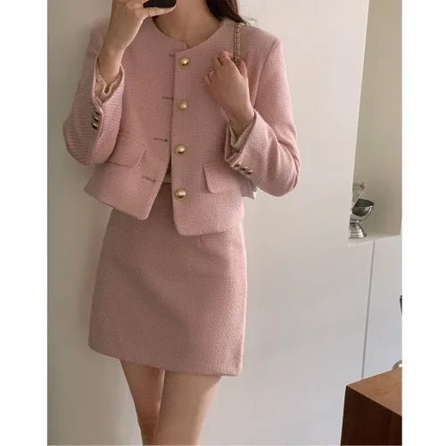 Korean Tailored Coat & Skirt Set – Sleek Round Neck Two - Piece Suit 2025 - VeauBeauty