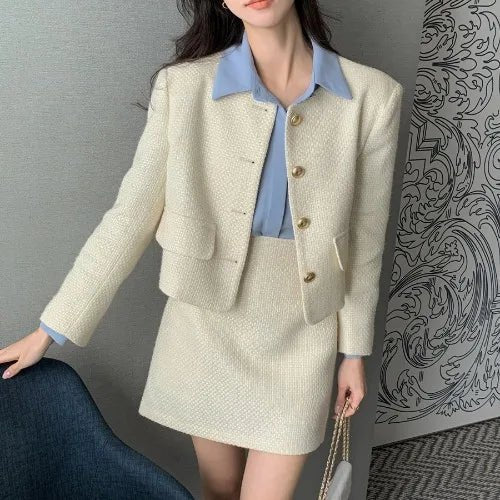Korean Tailored Coat & Skirt Set – Sleek Round Neck Two - Piece Suit 2025 - VeauBeauty