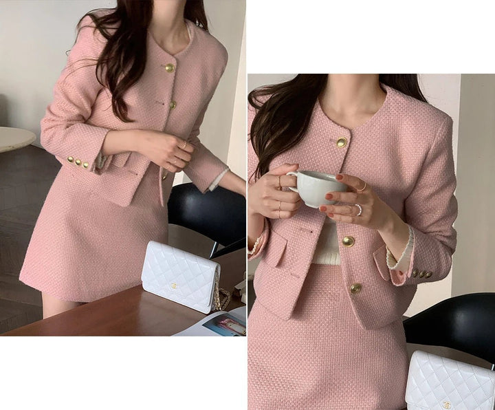 Korean Tailored Coat & Skirt Set – Sleek Round Neck Two - Piece Suit 2025 - VeauBeauty