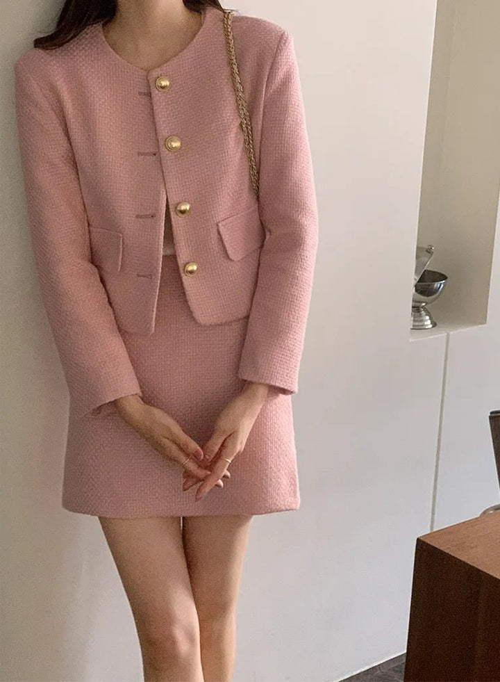 Korean Tailored Coat & Skirt Set – Sleek Round Neck Two - Piece Suit 2025 - VeauBeauty