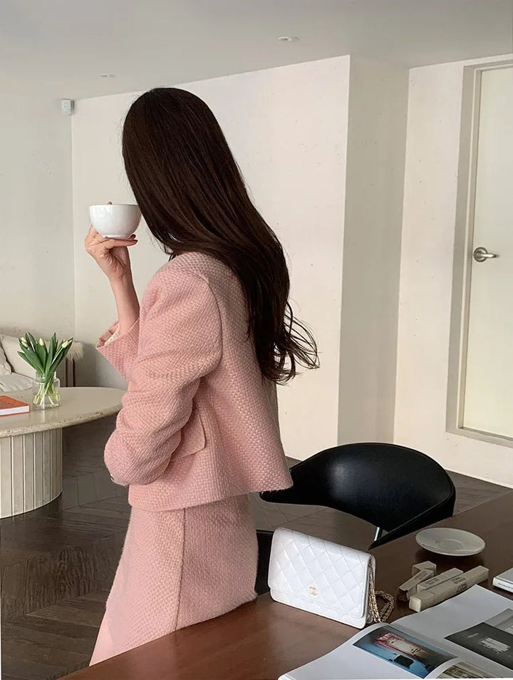 Korean Tailored Coat & Skirt Set – Sleek Round Neck Two - Piece Suit 2025 - VeauBeauty