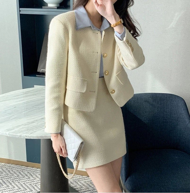 Korean Tailored Coat & Skirt Set – Sleek Round Neck Two - Piece Suit 2025 - VeauBeauty