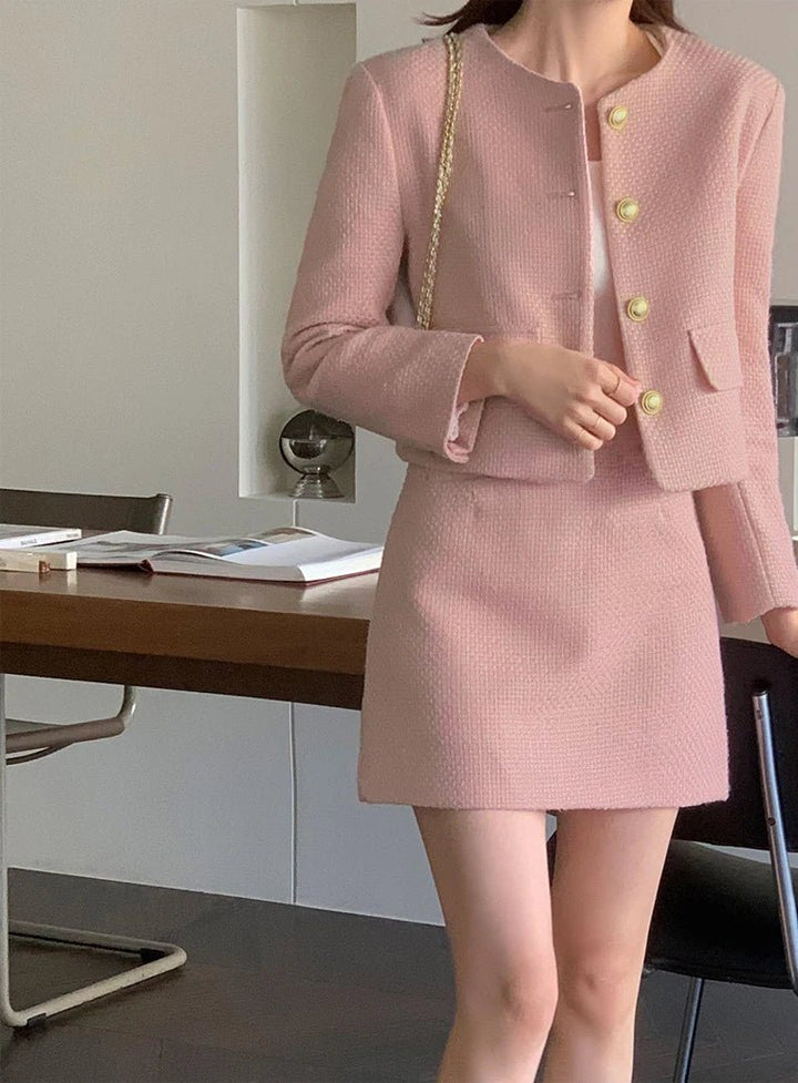 Korean Tailored Coat & Skirt Set – Sleek Round Neck Two - Piece Suit 2025 - VeauBeauty