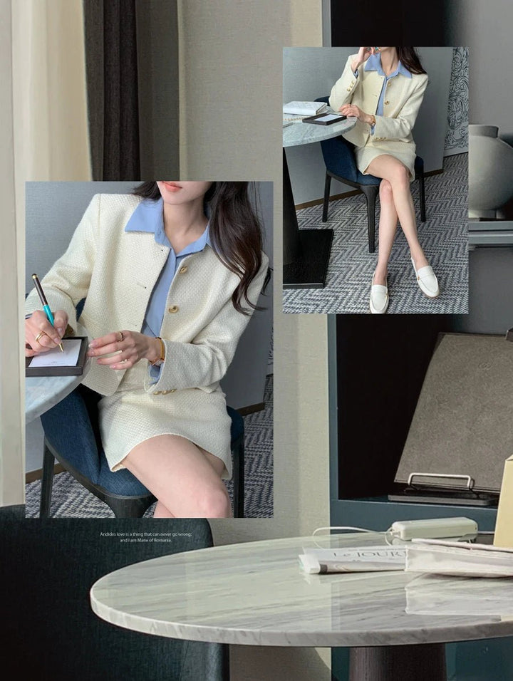 Korean Tailored Coat & Skirt Set – Sleek Round Neck Two - Piece Suit 2025 - VeauBeauty