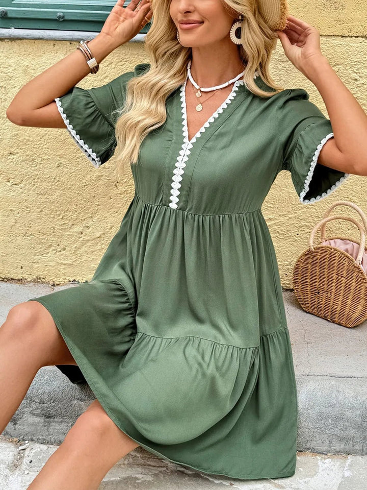 Lace Detail Notched Flounce Sleeve Mini Dress - VeauBeauty