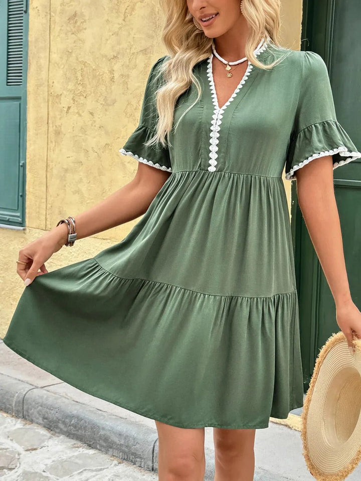 Lace Detail Notched Flounce Sleeve Mini Dress - VeauBeauty