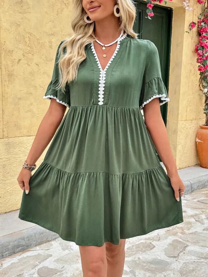 Lace Detail Notched Flounce Sleeve Mini Dress - VeauBeauty