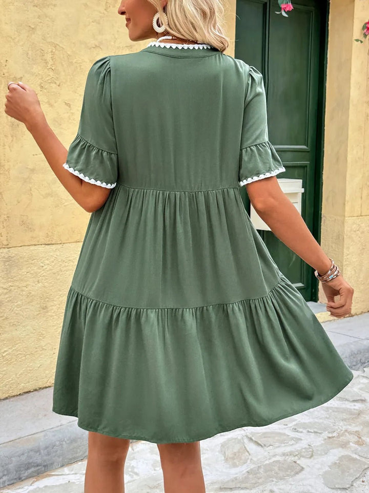 Lace Detail Notched Flounce Sleeve Mini Dress - VeauBeauty