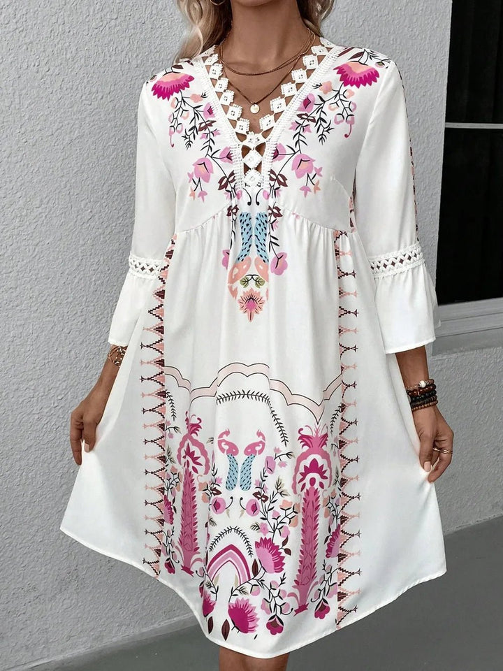 Lace Detail Printed Three - Quarter Sleeve Dress - VeauBeauty