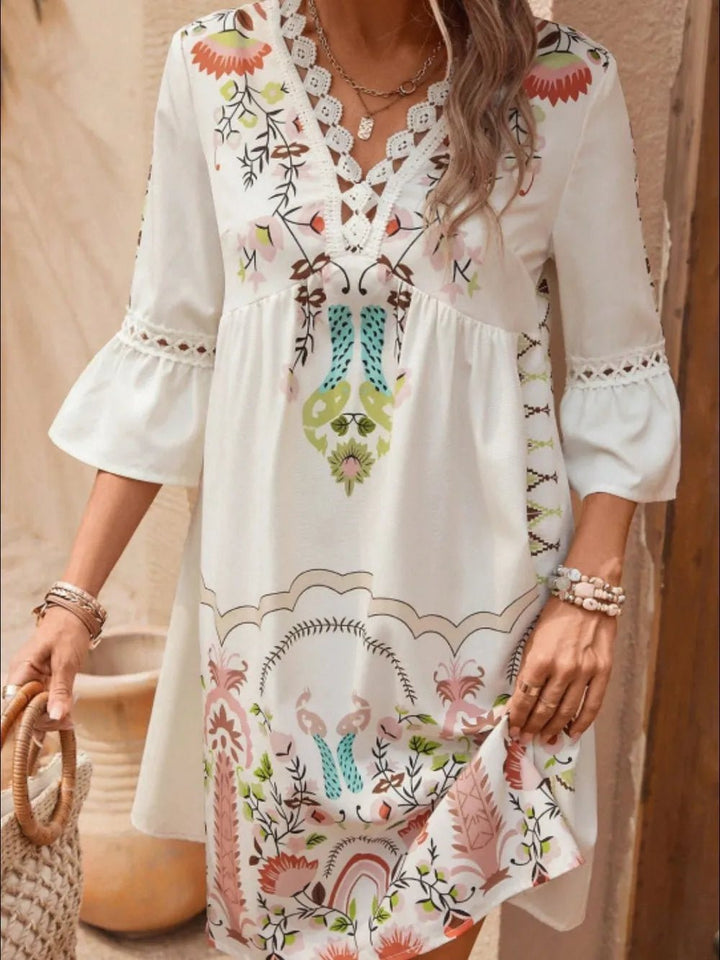 Lace Detail Printed Three - Quarter Sleeve Dress - VeauBeauty