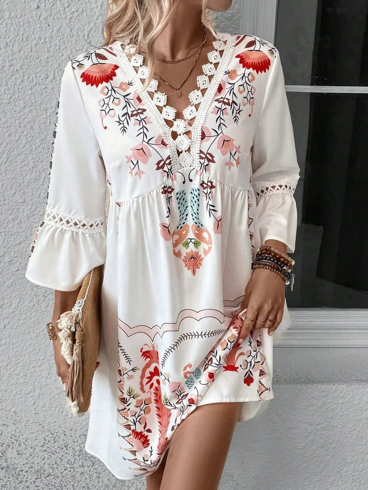 Lace Detail Printed Three - Quarter Sleeve Dress - VeauBeauty