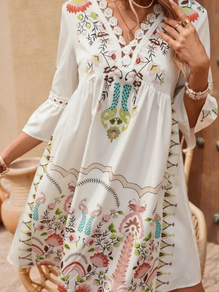 Lace Detail Printed Three - Quarter Sleeve Dress - VeauBeauty