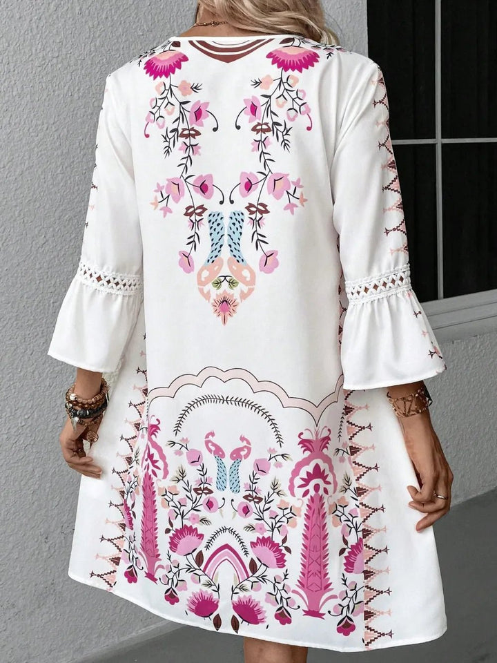 Lace Detail Printed Three - Quarter Sleeve Dress - VeauBeauty