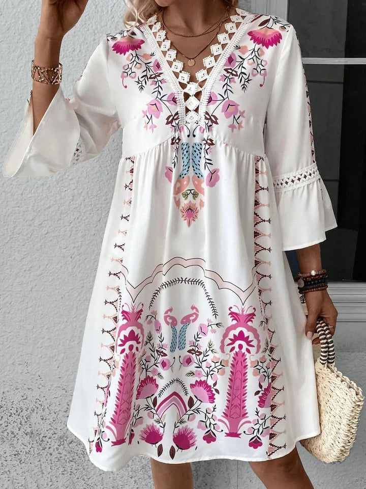 Lace Detail Printed Three - Quarter Sleeve Dress - VeauBeauty