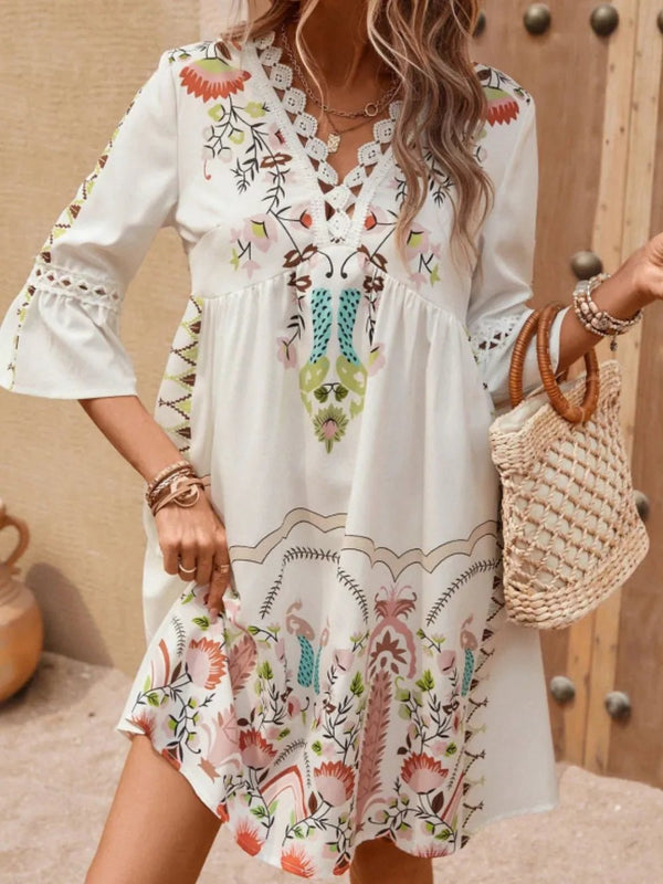 Lace Detail Printed Three - Quarter Sleeve Dress - VeauBeauty