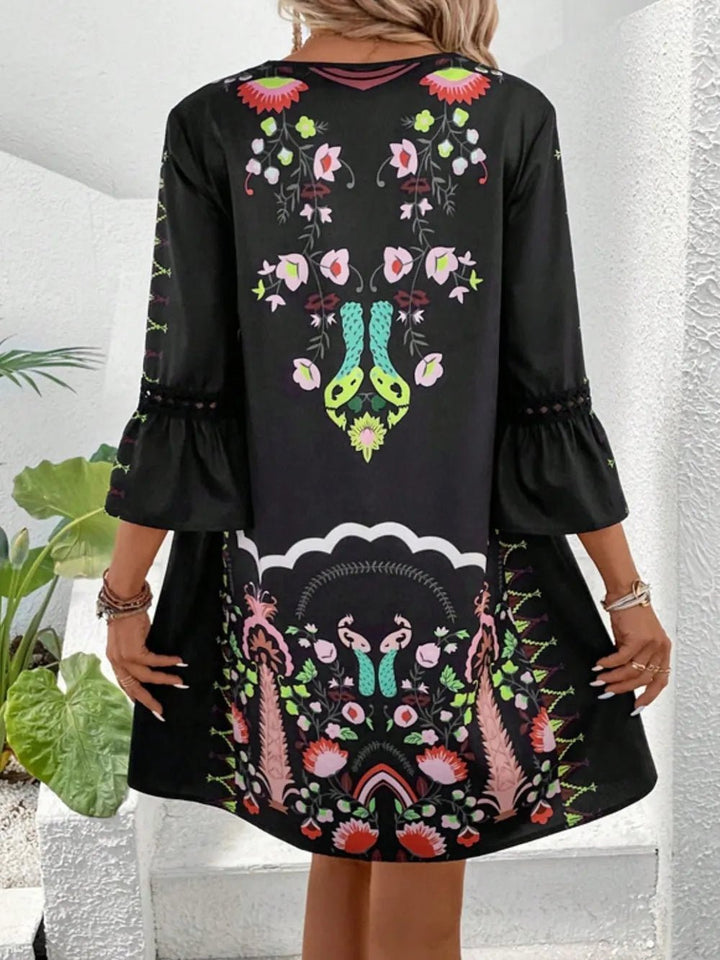 Lace Detail Printed Three - Quarter Sleeve Dress - VeauBeauty