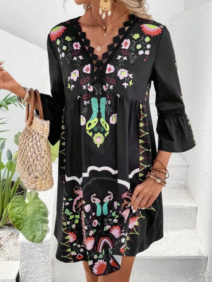 Lace Detail Printed Three - Quarter Sleeve Dress - VeauBeauty
