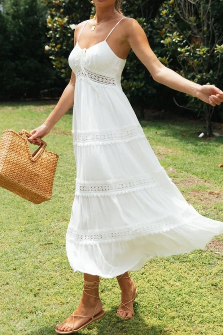 Lace Detail Smocked Midi Cami Dress - VeauBeauty