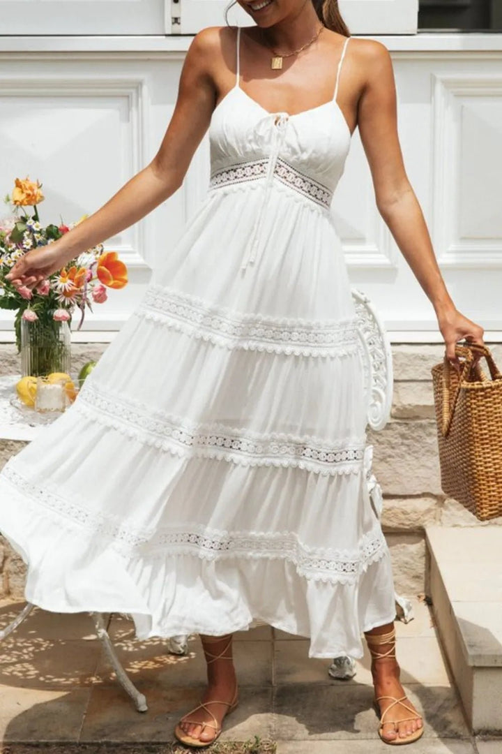 Lace Detail Smocked Midi Cami Dress - VeauBeauty