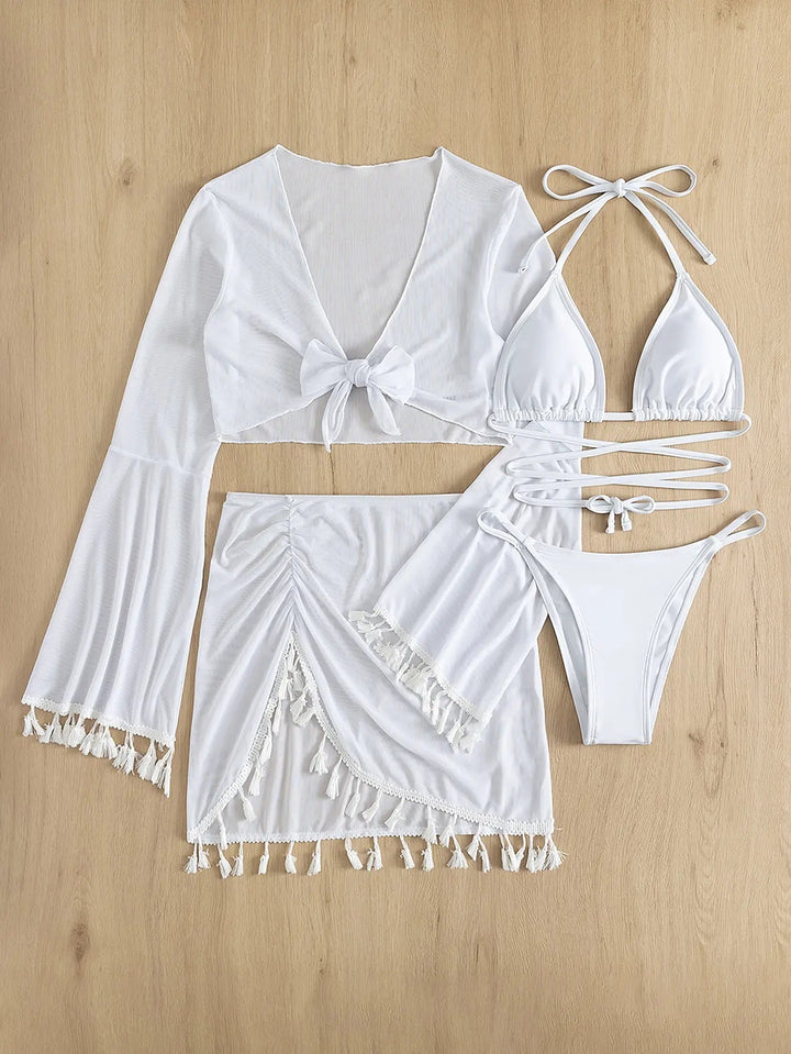 Lacena 4 - Piece Bikini Set – 2025 Halter Triangle Swimsuit with Cover - Up & Skirt - VeauBeauty