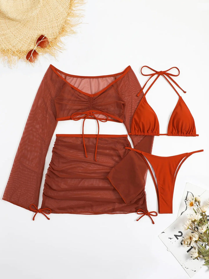 Lacena 4 - Piece Bikini Set – 2025 Halter Triangle Swimsuit with Cover - Up & Skirt - VeauBeauty