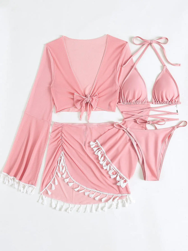 Lacena 4 - Piece Bikini Set – 2025 Halter Triangle Swimsuit with Cover - Up & Skirt - VeauBeauty