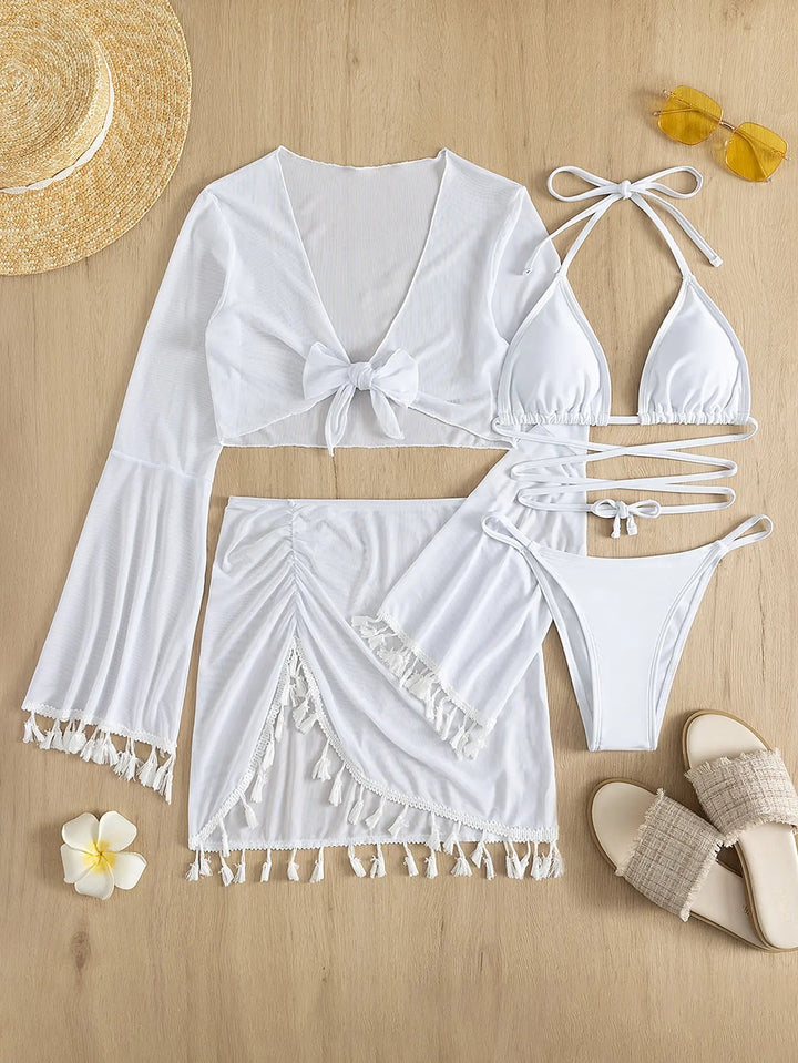 Lacena 4 - Piece Bikini Set – 2025 Halter Triangle Swimsuit with Cover - Up & Skirt - VeauBeauty