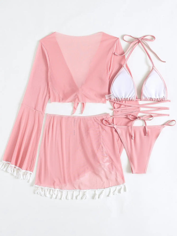 Lacena 4 - Piece Bikini Set – 2025 Halter Triangle Swimsuit with Cover - Up & Skirt - VeauBeauty