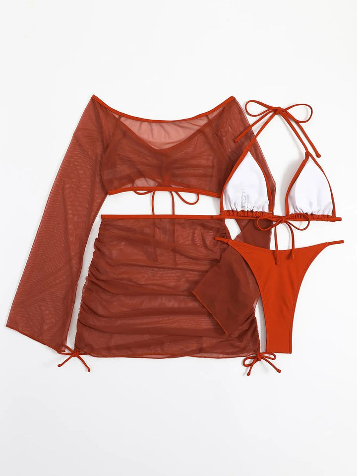 Lacena 4 - Piece Bikini Set – 2025 Halter Triangle Swimsuit with Cover - Up & Skirt - VeauBeauty