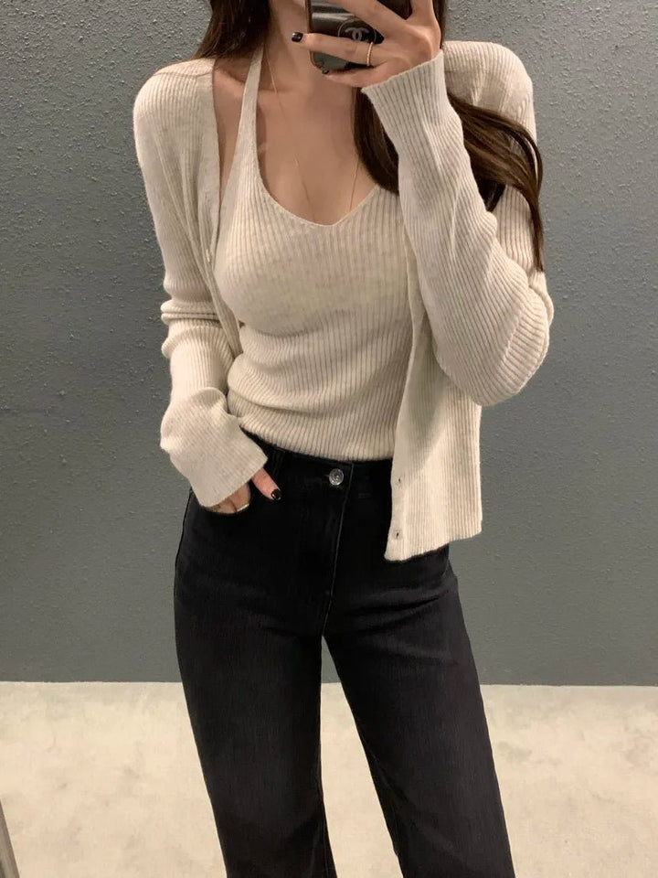 Layered Knit Set – Halterneck Vest & Button Cardigan Top for Women - VeauBeauty