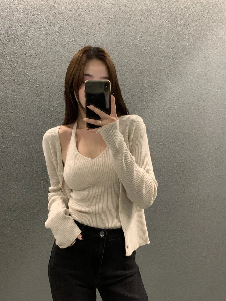 Layered Knit Set – Halterneck Vest & Button Cardigan Top for Women - VeauBeauty