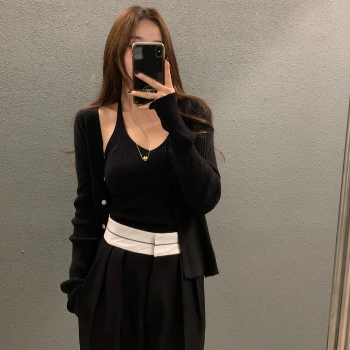 Layered Knit Set – Halterneck Vest & Button Cardigan Top for Women - VeauBeauty