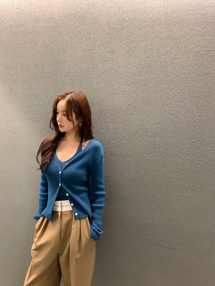 Layered Knit Set – Halterneck Vest & Button Cardigan Top for Women - VeauBeauty