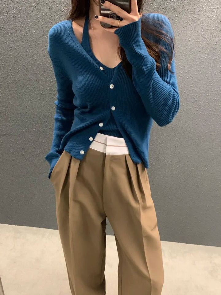 Layered Knit Set – Halterneck Vest & Button Cardigan Top for Women - VeauBeauty