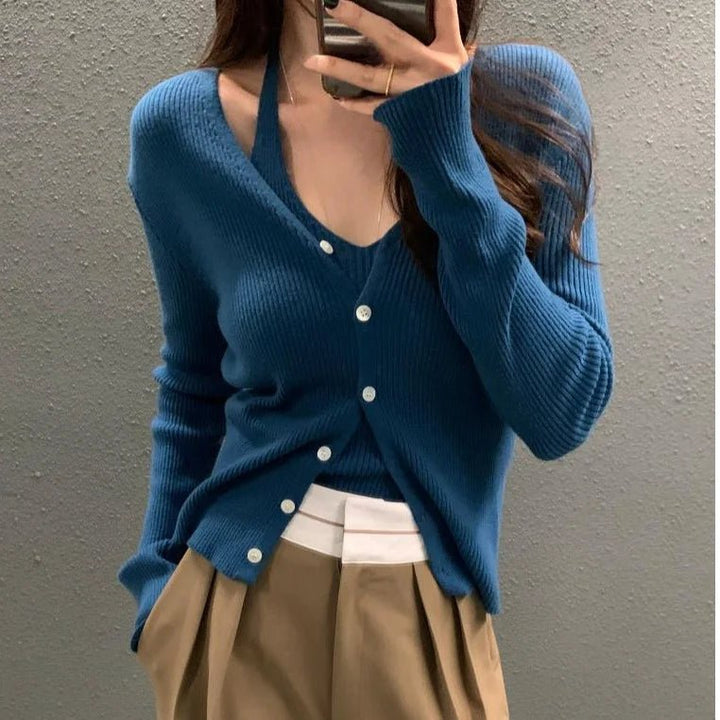 Layered Knit Set – Halterneck Vest & Button Cardigan Top for Women - VeauBeauty