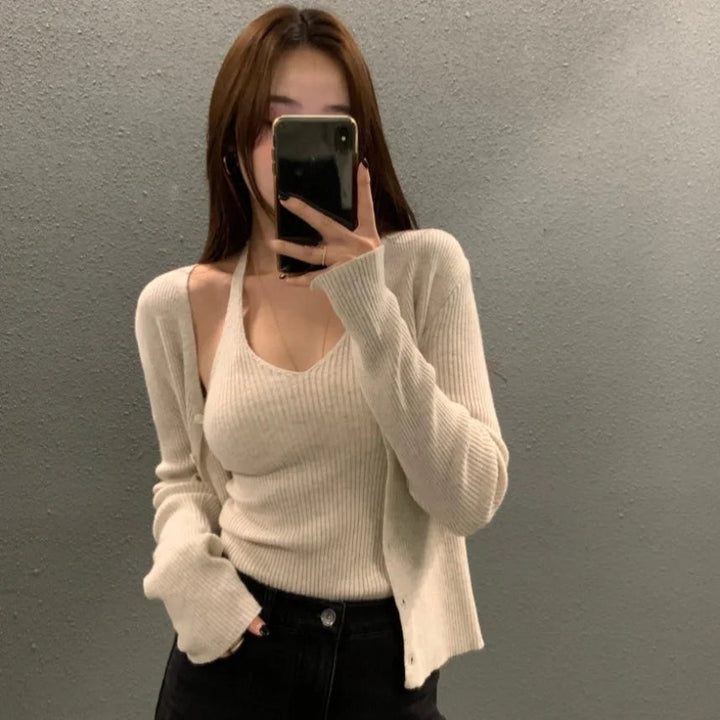 Layered Knit Set – Halterneck Vest & Button Cardigan Top for Women - VeauBeauty