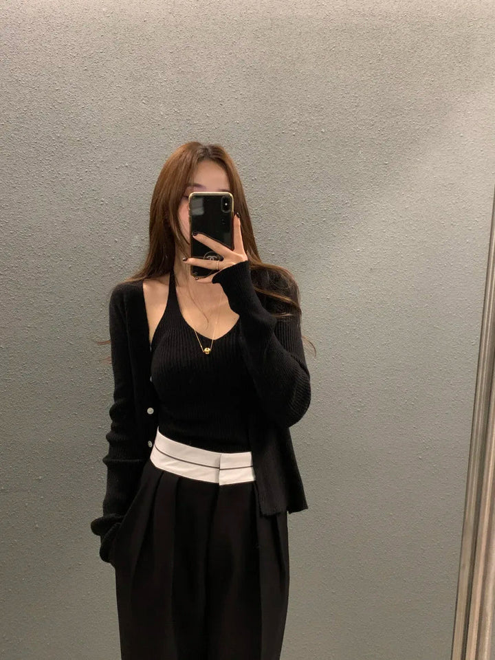 Layered Knit Set – Halterneck Vest & Button Cardigan Top for Women - VeauBeauty