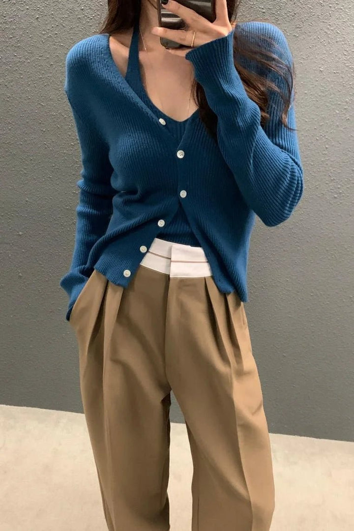 Layered Knit Set – Halterneck Vest & Button Cardigan Top for Women - VeauBeauty