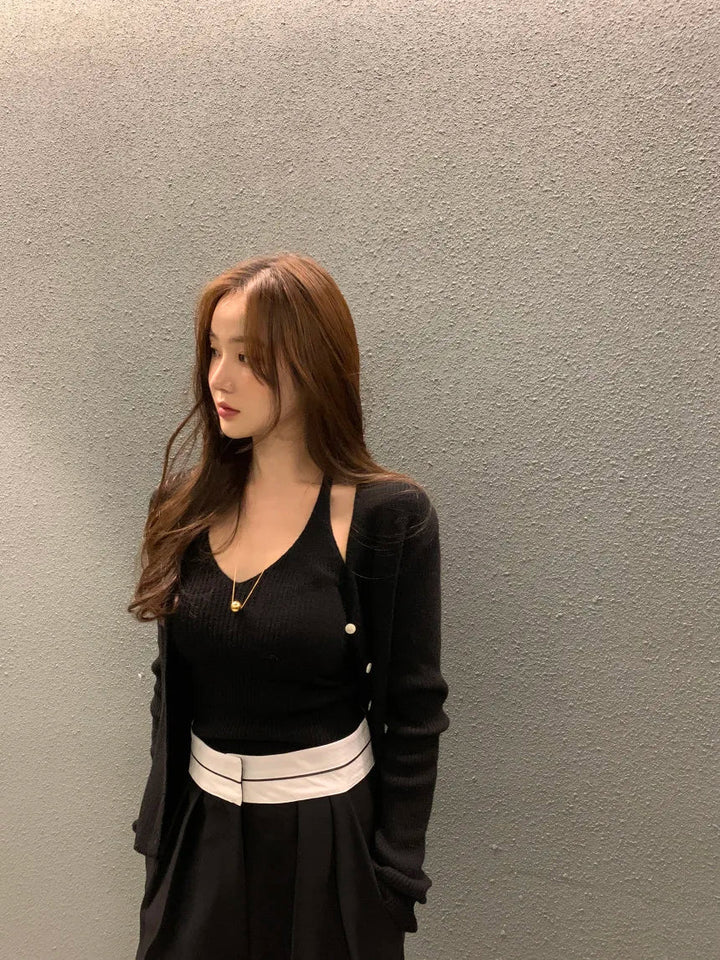 Layered Knit Set – Halterneck Vest & Button Cardigan Top for Women - VeauBeauty