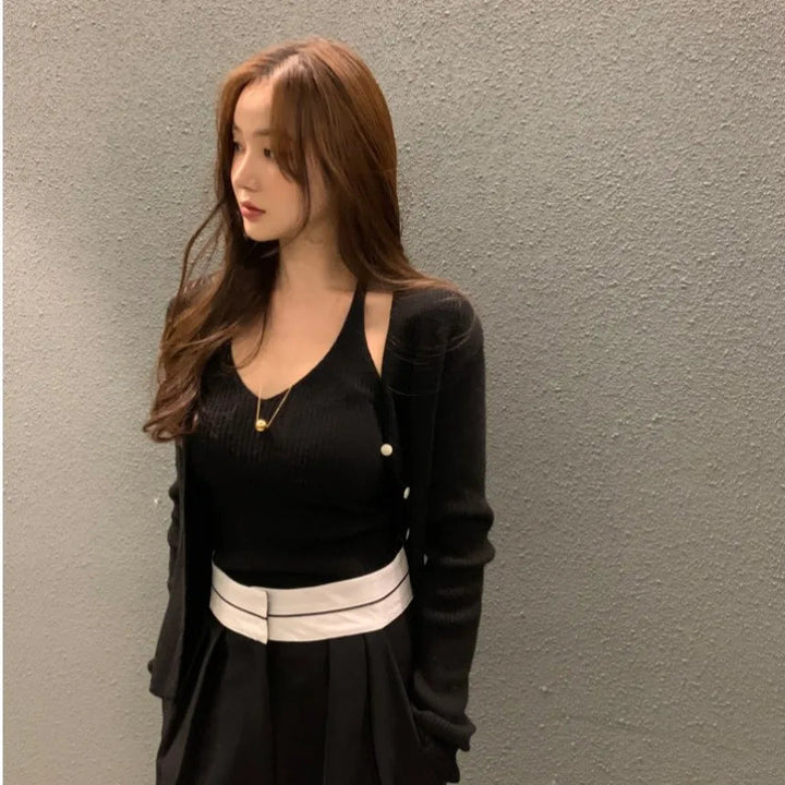 Layered Knit Set – Halterneck Vest & Button Cardigan Top for Women - VeauBeauty