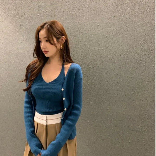 Layered Knit Set – Halterneck Vest & Button Cardigan Top for Women - VeauBeauty