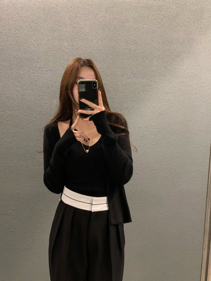 Layered Knit Set – Halterneck Vest & Button Cardigan Top for Women - VeauBeauty
