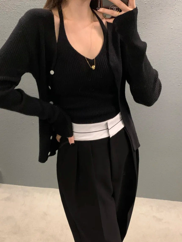 Layered Knit Set – Halterneck Vest & Button Cardigan Top for Women - VeauBeauty