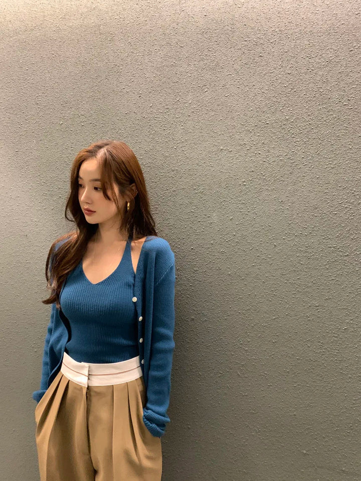 Layered Knit Set – Halterneck Vest & Button Cardigan Top for Women - VeauBeauty