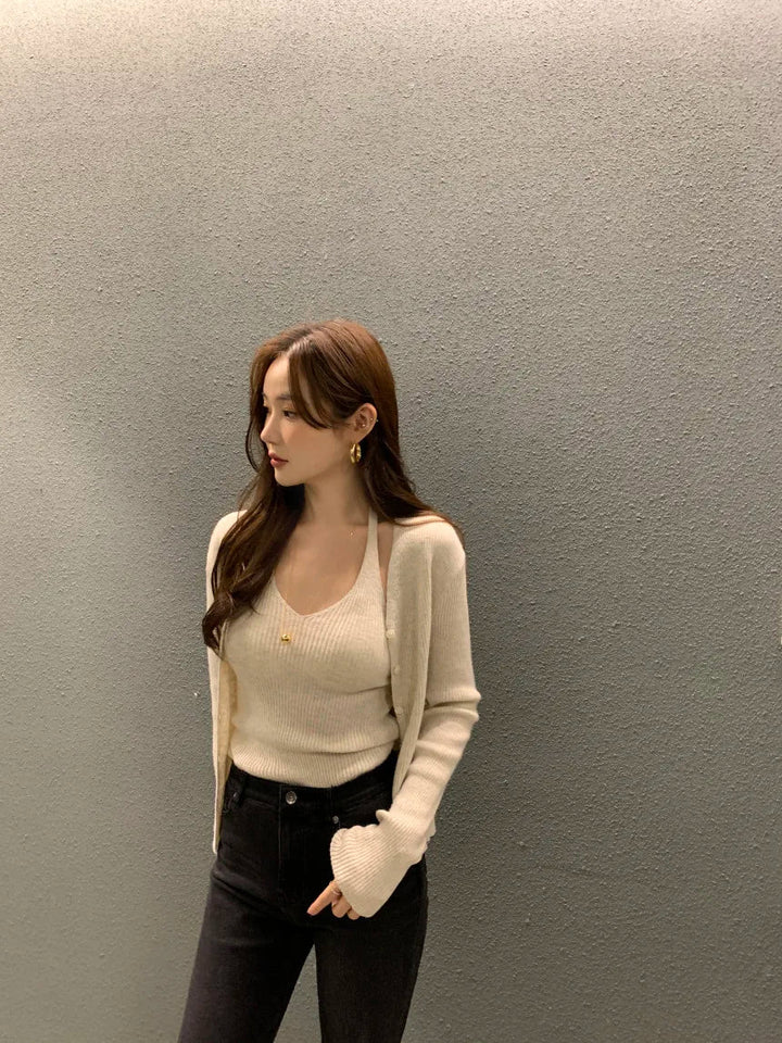 Layered Knit Set – Halterneck Vest & Button Cardigan Top for Women - VeauBeauty