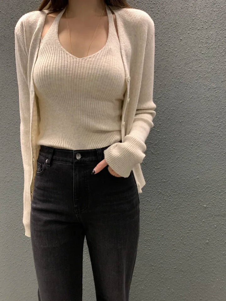 Layered Knit Set – Halterneck Vest & Button Cardigan Top for Women - VeauBeauty