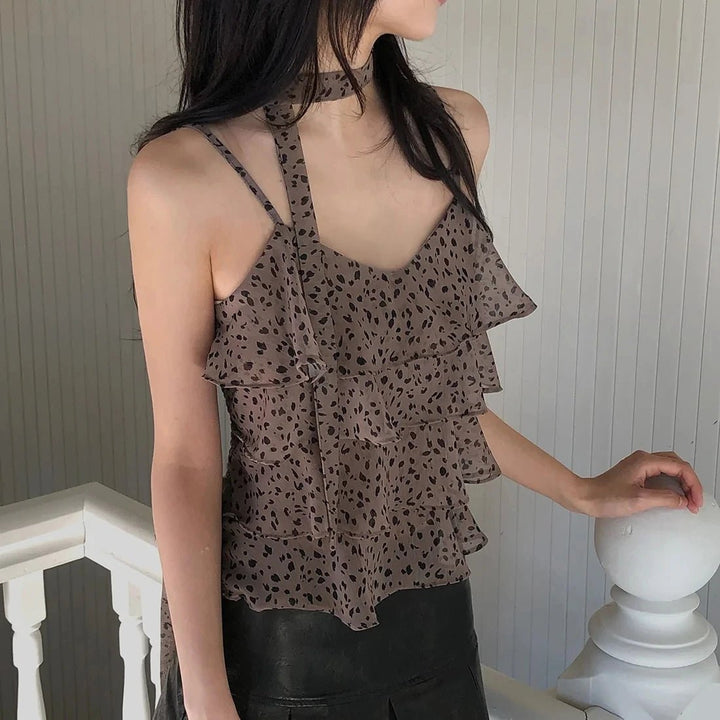 Leopard Layered Strap Tank Top with Cake Ruffle Design - VeauBeauty