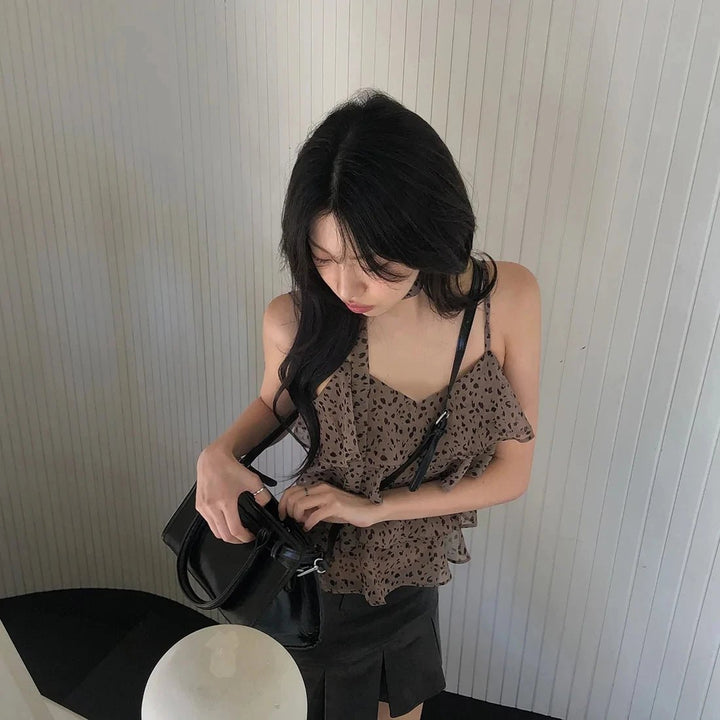 Leopard Layered Strap Tank Top with Cake Ruffle Design - VeauBeauty